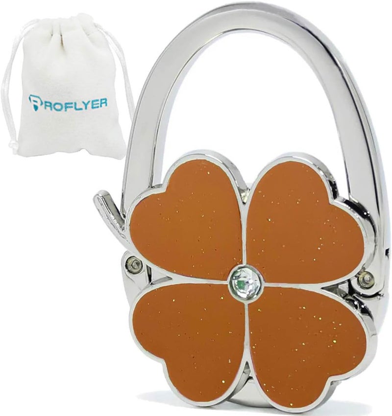 ROFLYER Four Leaf Clover Design Foldable Handbag Hanger Folding Purse Table Hook Holder (Brown) - Image 1